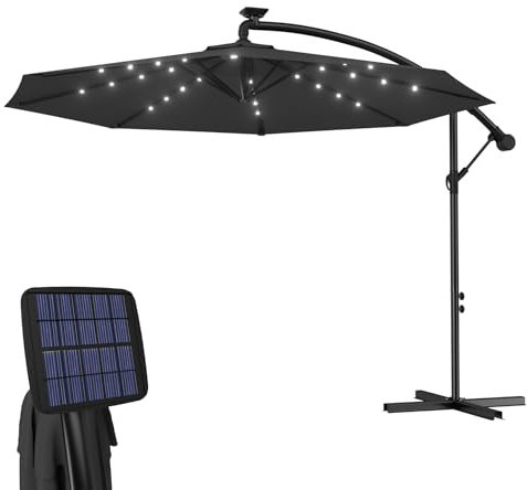 Froadp Ø350 cm Höhenverstellbar Ampelschirme mit Kurbel Alu Sonnenschirme UV40+ Sonnenschutz Balkonschirm Wasserdichte Gartenschrime Windfest Marktschirm für Patio Terrase (mit LED, Dunkelgrau)