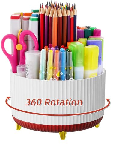 Marbrasse Schreibtisch Organizer,360 Grad Drehbarer Stifthalter für Schreibtisch Zubehör mit 5 Fächern,Stifte Organizer,Stift Aufbewahrungsbox für Büro Zuhause (Weiß und Rot mischen)