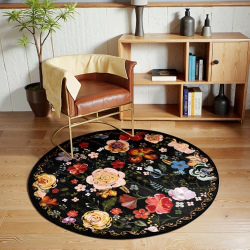 Nyescasa Runder Teppich Blumen Boho Waschbar rutschfest Vintage Floral Kurzflor Teppich Wohnzimmer Weich Modern für Schlafzimmer Esszimmer Küche Flur Innen Rund 80cm Schwarz