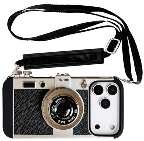 QoKcoahn 3D Vintage Camera Phone Case with Long Lanyard - Unique Cool Silicone PC Shockproof Crossbody Protective Case for iPhone 17 Pro Max- Black