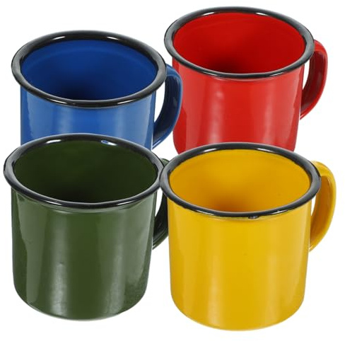 GLEAVI 4pcs Retro Enamel Coffee Mug Set Thickened Household Water Cups Multi-Function Juice and Milk Mugs Portable Home Accessory for Party and Daily Use (red, Yellow, Blue, Green)
