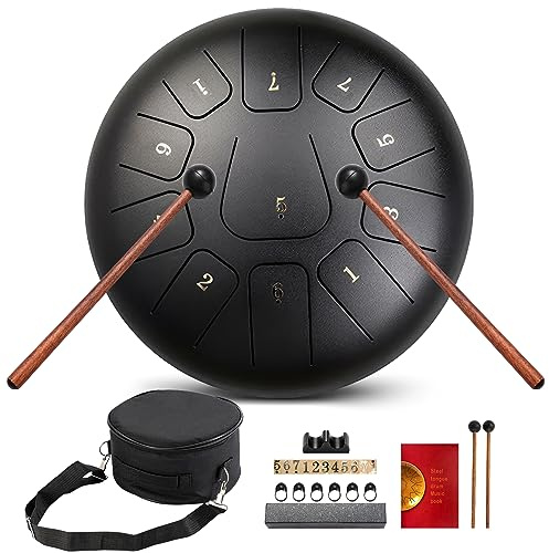 Tambor De Lengüeta De Acero De 10 Pulgadas Con 11 Notas, Libro De Música, Mazas De Tambor,Tambor de Lengua,Steel Drums para la Educación Musical Entretenimiento Meditación