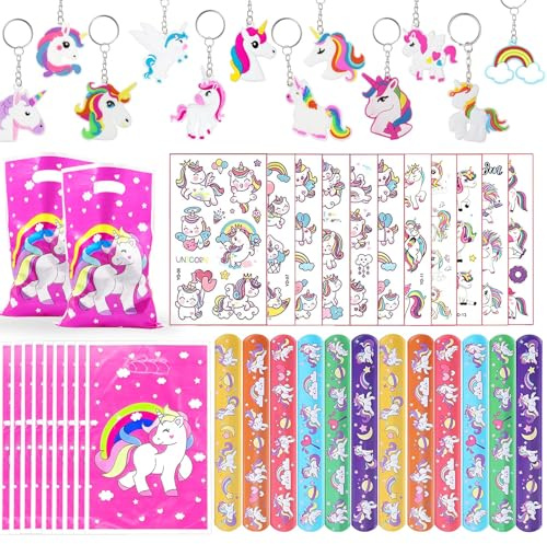 Saier tbo 44Pcs Licorne Anniversaire Fête Faveurs, Pinata Anniversaire avec Porte Clé Licorne Slap Bracelet Tatouage Temporaire Sacs de Fête Pour Enfants Fille Garçon