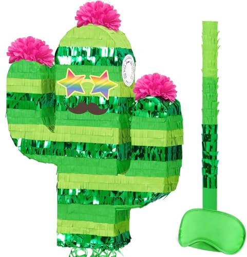 WERNNSAI Cactus Pinata Mexican Tropical Hawaiian Pinata Fiesta Party Decor | Cinco de Mayo Supplies Summer Luau Taco Bar Decor Green Cactus Photo Prop with Stick and Blindfold