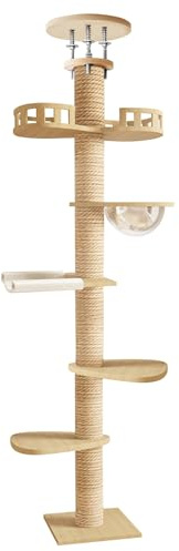 diowewea Arbre à Chat Haut, Arbre à Chat Plafond Adjustable (Jusqu’à 3m), Arbres à Chats XXL en Bois avec Plateformes et Capsule, Arbres à Chats Design pour Maine Coon et Grands Brun Clair 1 j