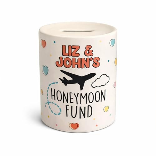 Silly Dog Designs - Wedding Money Box Gift - Honeymoon Fund, Travel Fund & Personalised Options - Ceramic Savings Pot - Wedding, Engagement & Couple Gift (Honeymoon Fund – Personalised)