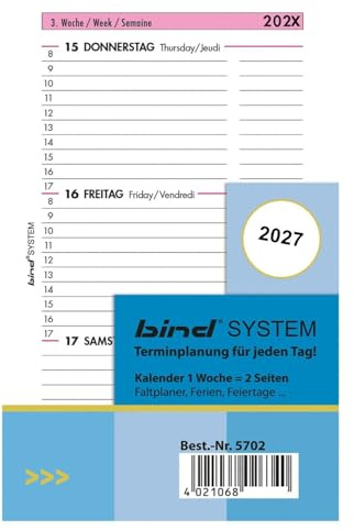 BIND B570227 Kalendereinlage für Wochenkalender A7, Timer Einlage Jahr 2027, 1 Woche / 2 Seiten, Terminkalender mit System, Kalendarium für bind Systemplaner und Standard Timeplaner