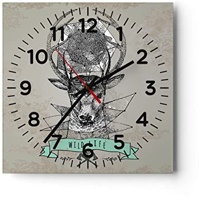 Modern Wanduhr Hirsch Geweih Wald 30x30cm Quadrat Klein Wand Uhr Glas Analog Zimmeruhren Küche Büro Wohnzimmer Glasuhr Wall Clock Dekoration Design Wanddekoration Küchenuhr C4AC30x30-3072