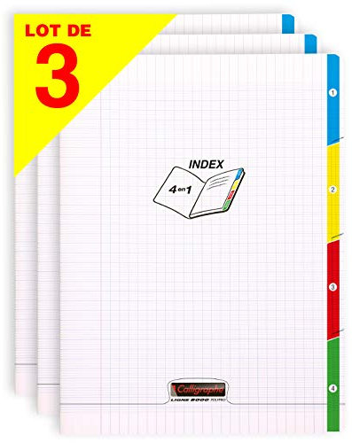 Calligraphe 18229AMZC Lot de 3 Cahiers Agrafés 4 Index Incolores (une Marque de Clairefontaine) - 24x32 cm - 140 Pages Grands Carreaux - Papier Blanc 90 g - Couverture Polypro Transparent
