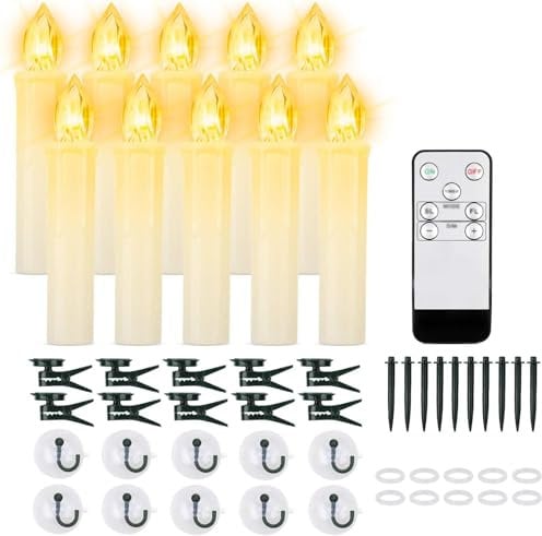 FPOO 10pcs Clip on Candles for Christmas Tree,Battery Operated Small Candles with Remote Timer, Flickering Taper Candlestick with Suction Cups for Christmas Ornaments