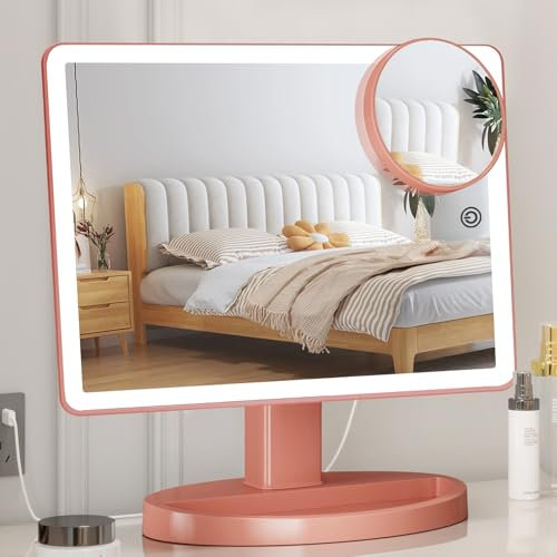 FUNTOUCH Großer beleuchteter Schminkspiegel, 37 x 22,8 cm, 88 LEDs, 360 Grad drehbarer Touchscreen, 10-fache Vergrößerung, Tisch-Kosmetikspiegel, Roségold