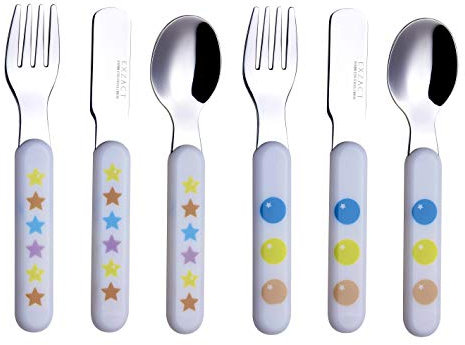 Exzact Couverts pour Enfants 6pcs en INOX 18/10-2 x fourchettes, 2 Couteaux de sécurité, 2 x cuillères - poignée en Plastique, ustensiles pour Tout-Petits Couverts - étoiles et Points (S6)