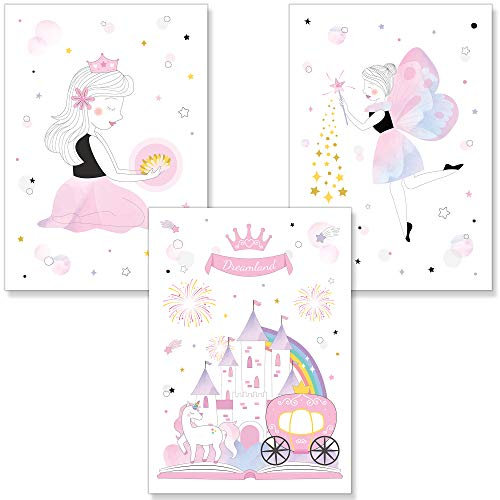 PREMYO Bilder Kinderzimmer Deko Mädchen - Poster Set Babyzimmer - Wandbilder Schlafzimmer Prinzessin Schloss Rosa A4