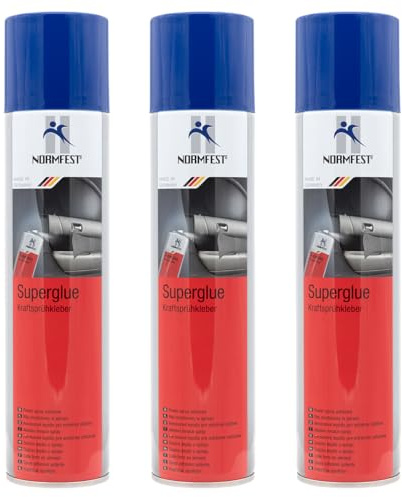 Normfest Super-Glue transparenter Kraftsprühkleber mit hoher Soforthaftung, geruchsarm, für Kunststoff, Schaumstoff, Holz, Metall, temperaturbeständig 3x 400ml