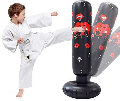 JANTEELGO Boxsack Kinder 120cm, Standboxsack für Sofortiges Zurückprallen zum Üben von Karate, Taekwondo (Schwarz-E, 120cm)