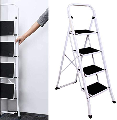 Trittleiter 4 Stufen Klappbar Haushaltsleiter Klapptritt 4 Stufen aus Metall Klapptreppe Stehleiter mit großen Stufen, Bis 150 KG