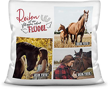 Pferde Kissen mit Füllung - Fotocollage - Reiten ist wie fliegen - mit DREI Fotos selbst gestalten - Geschenk für Pferdeliebhaber - Weiß, 40 x 40 cm