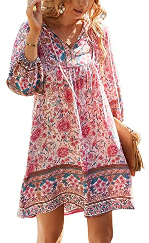 TEMOFON Mini Robe bohème pour Femme : Robe d'été Florale à Manches Longues 3/4 et col en V, Robe de Plage Fluide et décontractée, 55-Rose, M