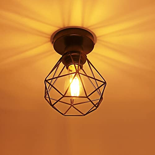 iDEGU Vintage Deckenleuchte, industriell Lampe Geometrisches Diamantkäfig Design Lampenschirm aus Metall E27 Schwarz Deckenlampe für Schlafzimmer, Café, Restaurierung, Eingang, Flur, 16cm (Käfig)