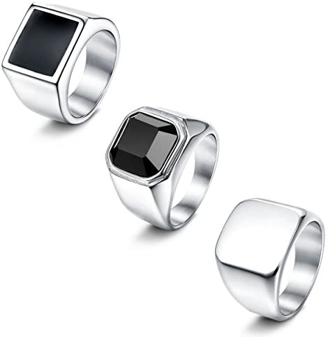 JeweBella 3 Stück Siegelring Edelstahl Ringe Herren Männer Silber Breitband Biker Vintage Ringe Schwarz Siegelring Einfacher Quadratischer Achat Solide Poliert Hip Hop Rock Band Ringe Set Größe 54-70