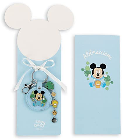 Ingrosso e Risparmio Portachiavi in Ecopelle Celeste con Mickey Mouse Baby e Charms, Scatola Inclusa - bomboniere Nascita Maschietto