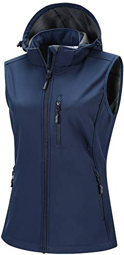 33,000ft Damen Softshell Westen mit Abnehmbare Kapuze Fleece Gefütterte Ärmellose Jacke Wasserdichte Winddichte Sportwesten Vest mit 5 Taschen für Reiten Laufen Wandern Blau M