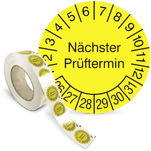 Betriebsausstattung24 Prüfplakette „Nächster Prüftermin“ - Rolle mit 1000 Stück - PVC-Folie, selbstklebend Ø 1,5 cm - gelb/schwarz - Jahre: 2026 – 2031 - Mehrjahresprüfplakette - Prüfetiketten