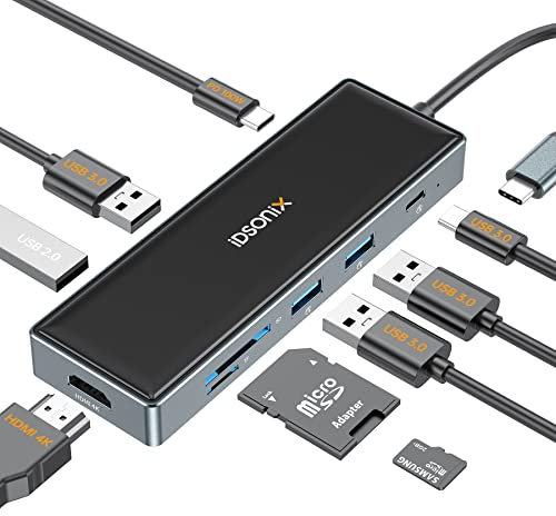 iDsonix USB C Docking Station, 9 in 1 USB C Dock 4K HDMI, PD 100W, 3 USB-A 3.0 5Gpbs, USB-C 3.0, TF/SD Kartenleser, USB C Hub Multiport Adapter für Dell/HP/Surface/Lenovo Type c Laptop und mehr