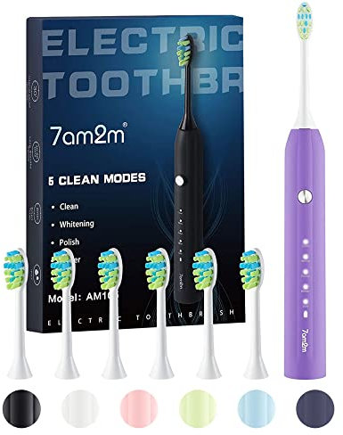 7AM2M Sonic Electric Toothbrush for Adults and Kids with 6 Brush Heads, 5 Modes with 2 Minutes Build in Smart Timer, One Charge Use for 90 Days, Rechargeable Toothbrushes (Purple)