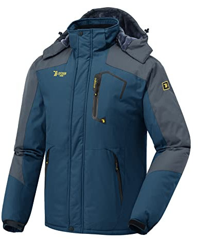 donhobo Herren Winter Fleecejacke Warme Gefüttert Skijacke Outdoor Wandern Camping Winddicht Wasserdicht Jacke Verdickt Funktionsjacke mit Kapuze Denimblau 2XL