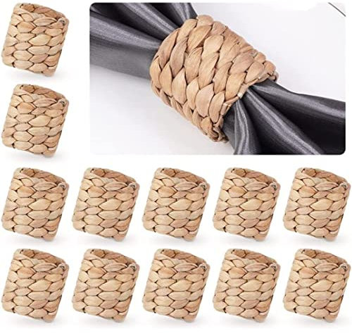 12pcs Serviettenringe Mit Handgeflüchtetem Natürlichen Wasserhyazinth -servietten, Bauernhaus Handgefertigte Serviettenringe Für Geburtstagsfeier, Thanksgiving, Hochzeit,