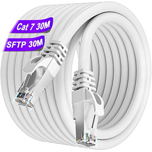Soibke Cable Ethernet 30 Metros, Cable de Red Cat 7 Alta Velocidad 10Gbit/s 600MHz Gigabit Cable RJ45 24AWG Blanco Cable LAN Blindado Impermeabilización Al Aire Libre Cable de Red SFTP para Módem