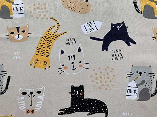 Stoffe zum Nähen für Kinder, 100% Baumwolle, keine Meterware: 0,5m Baumwollstoff Zuschnitt mit Tiere - Mädchen Kinderstoff mit Katzen auf beige