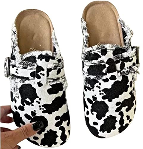 MOGSA Hausschuhe Damen Schuhe Sandalen Plateau Sportschuhe Keilschuhe Geschlossene Zehen Sneaker - Kuhmuster, 39