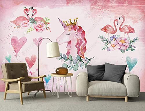 Fototapete 3D Effekt Rosa Handgemaltes Herz Flamingo Einhorn Tapeten 3D Effekt Vliestapete Wohnzimmer Schlafzimmer Wandbilder Wanddeko