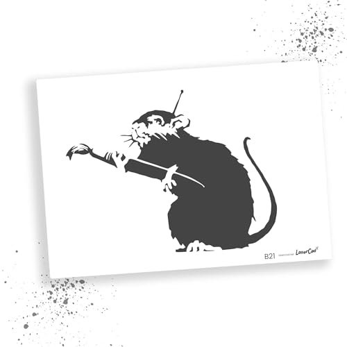 LaserCad Schablonen BANKSY Streetart (B021, Rat with Brush, DIN A2) Stencil für Graffiti, Airbrush, Kunst, Deko, zum Malen