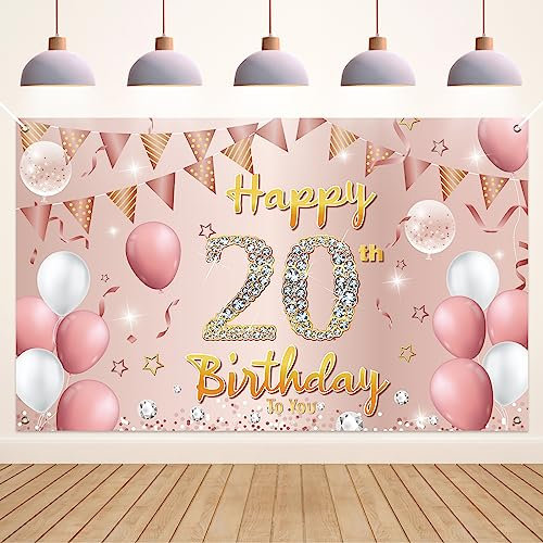 Koliphy 20. Geburtstag Deko, 20. Happy Birthday Banner für Männer Frauen, Rose Gold Stoff 20 Geburtstagsbanner Hintergrund Party Dekoration Drinnen und Draußen