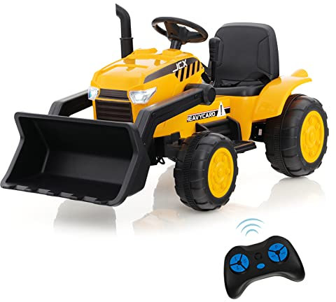 COSTWAY 12 V Escavatore per Bambini, con Telecomando, Benna di Scavo Regolabile Musica e Fari a LED, Ruspa Elettrica per Bambini di 3-8 Anni, Giallo