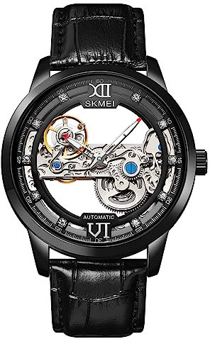 SKMEI Automatische mechanische Uhren für Herren, Keleton-Uhren, luxuriöses Leder, wasserdicht, leuchtend, Herren-Armbanduhr, Geschenk für Männer, Freund, Vater, Großvater, Schwarz-Schwarz, Classic