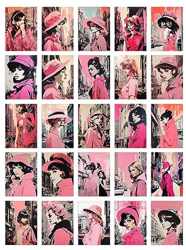 Artery8 50 Pcs Vintage Paris Chic Pink Aesthetic Collage Kit Women Fashion Wall Art Prints A6 Set Pack 14.8 x 10.5 cm (5.8 x 4.1) Bedroom Decor Student Teen Girl