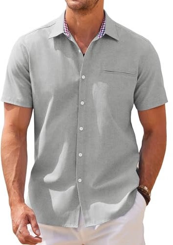 COOFANDY Manches Courtes pour Hommes Chemise Habillée Décontractéee Chemise Coupe Régulière avec Col à Carreaux Gris Clair M