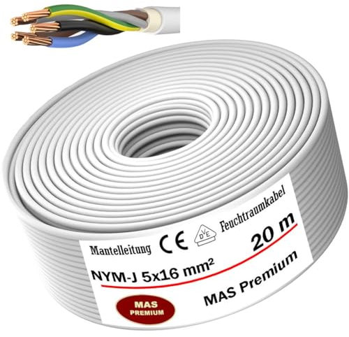 MAS Premium Feuchtraumkabel Stromkabel 5-170m Mantelleitung NYM-J 5x1,5, 2,5, 4, 6, 10 oder 16 Elektrokabel Ring für feste Verlegung (NYM-J 5x16 mm², 20m)