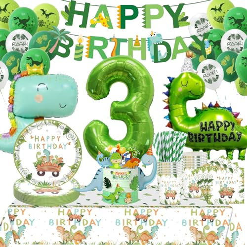 Dino Geburtstag Deko 3 Jahre,Dinosaurier Partygeschirr Geburtstagsdeko, Geburtstagsdeko 3 Jahre Junge, Dino Ballons Servietten etc Supplies für Party Kindergeburtstag Deko 16 Gäste