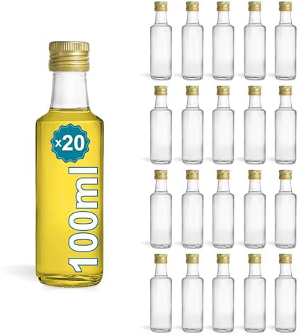 Espirito Rebelde 20 Mini Bouteilles en Verre 100ml avec Bouchon a Vis Doré | Petites Bouteilles pour Huile d'Olive, Vinaigre, Alcool, Sauces, Potion Magique | Échantillons