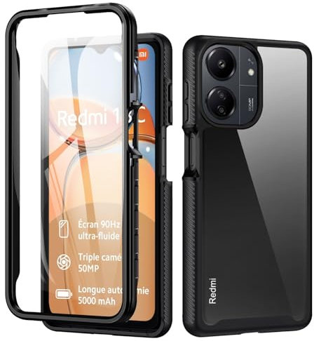 TVVTPU Coque pour Xiaomi Redmi 13C/Poco C65, Antichoc Housse avec Protection écran, 360 Degrés Protégé Complet Double Face Transparent Bumper Robuste Portable Intégrale Case - Noir