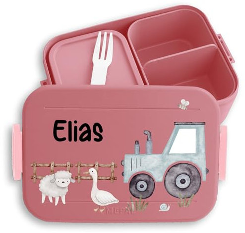Kinder Bento Box Midi für Mepal Bentobox - Personalisierte Traktor Brotdose mit Tieren I Kindgerechte Lunchbox mit Traktor und Bauernhoftieren - 900 ml - Rosa - name butterbrotdose kindergarten