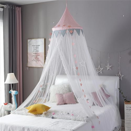 ENEN Zanzariera Baldacchino per Letto Bambina, Baldacchino a Cupola di Tulle con Pompons, Decorazione da Sogno per Cameretta dei Bambini, Lettino, Culla Neonato,Tenda da Gioco (Rosa)