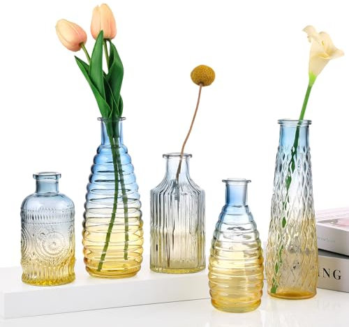 5 Pcs Glass Colourful Small Flower Vase, Glass Mini Sweet Pea Bud Vases in Bulk, Vintage Flower Vases for Wedding Centerpiece Dinning Table