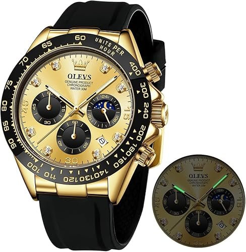 OLEVS Herrenuhr Business Luxus Diamond Moon Phase Männliche Uhr Chronograph Gold Zifferblatt Mode Kleid wasserdichte Datum Analoge wasserdichte Männer Armbanduhr