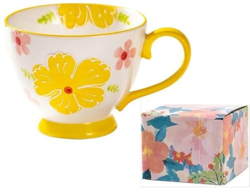 FülleMore Porzellan Frühstückstasse mit Blumenmuster Handbemalte Müslitasse mit Henkel 450ml Große Kaffeetasse Milchbecher Geschenk für Geburtstag Weihnachten Muttertag Valentinstag (Gelb)